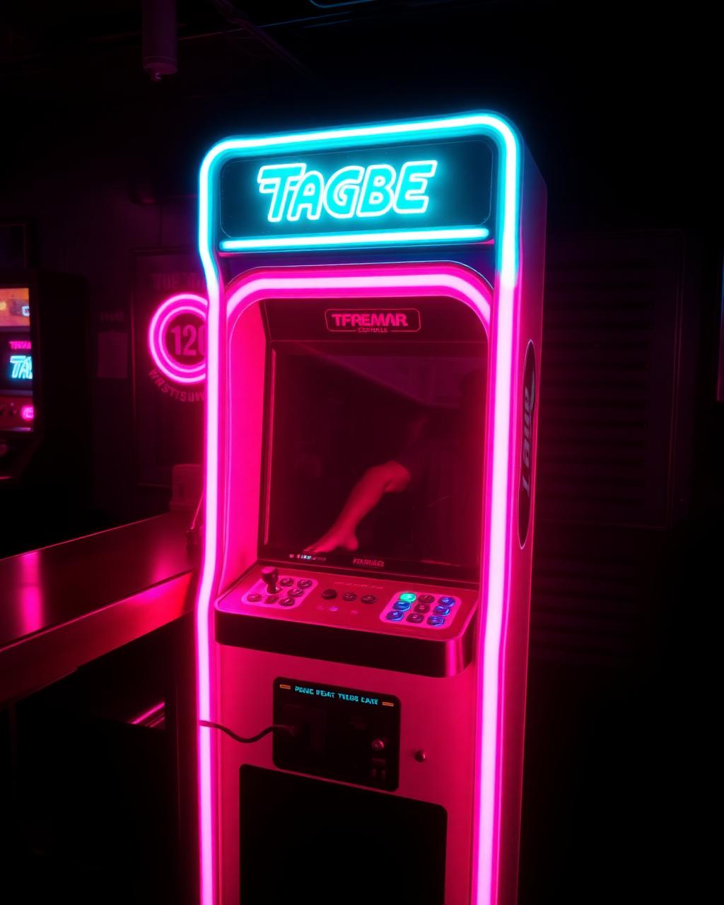 Retro arcade cabinet glowing in pink and cyan neon inside a dark bar