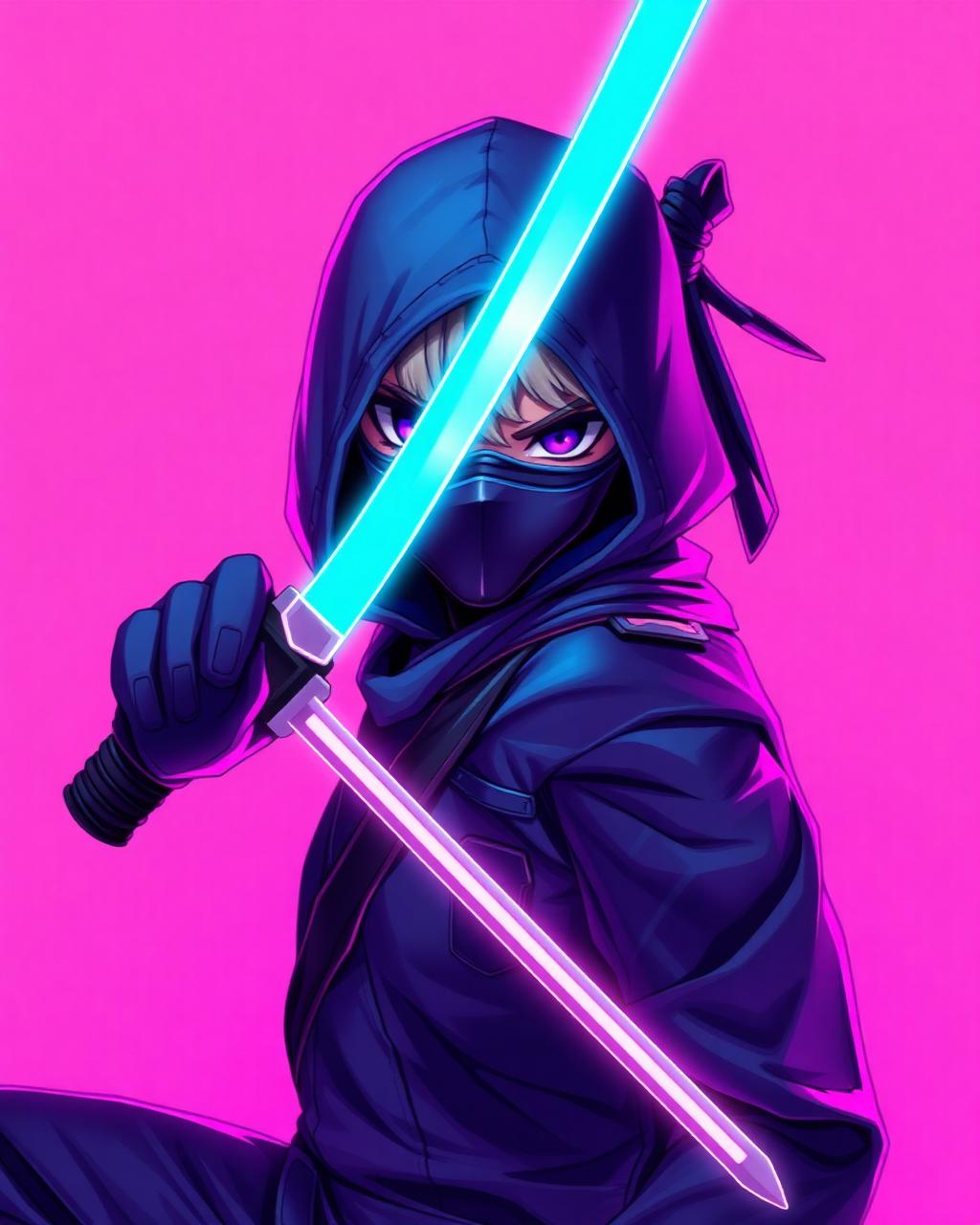 Anime-style hooded ninja character holding a glowing cyan katana on a magenta background