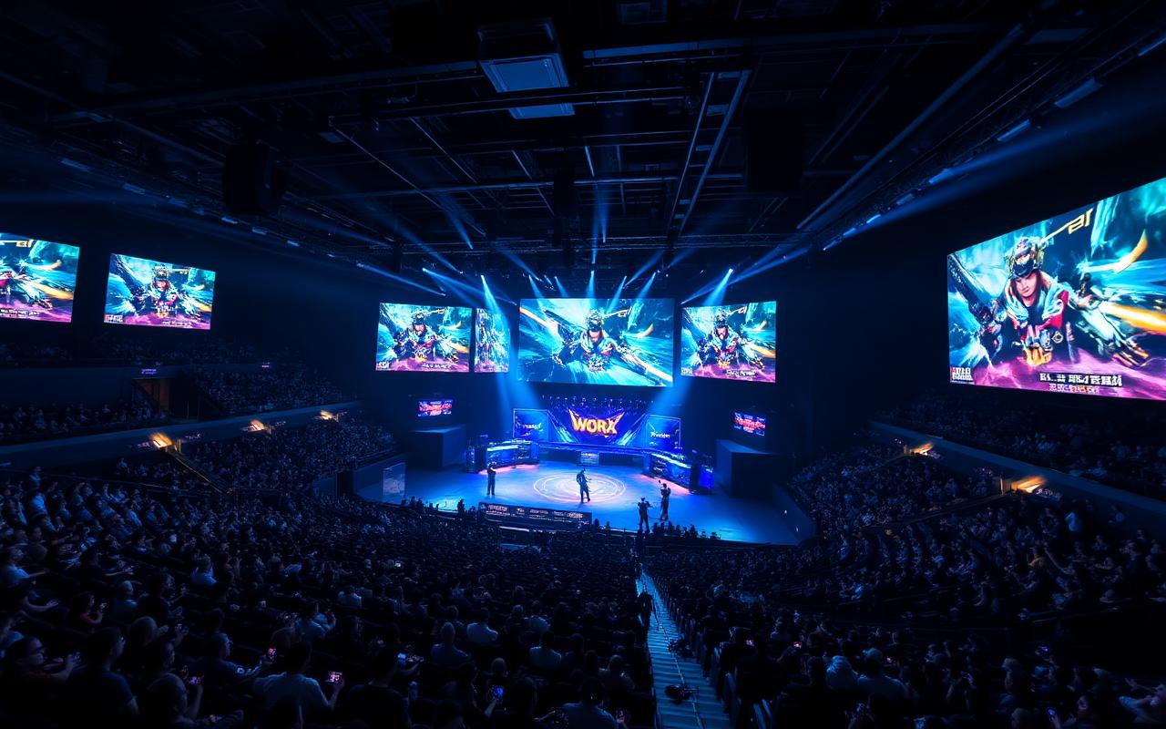 Korean esports arena packed with fans watching a MOBA match on giant screens