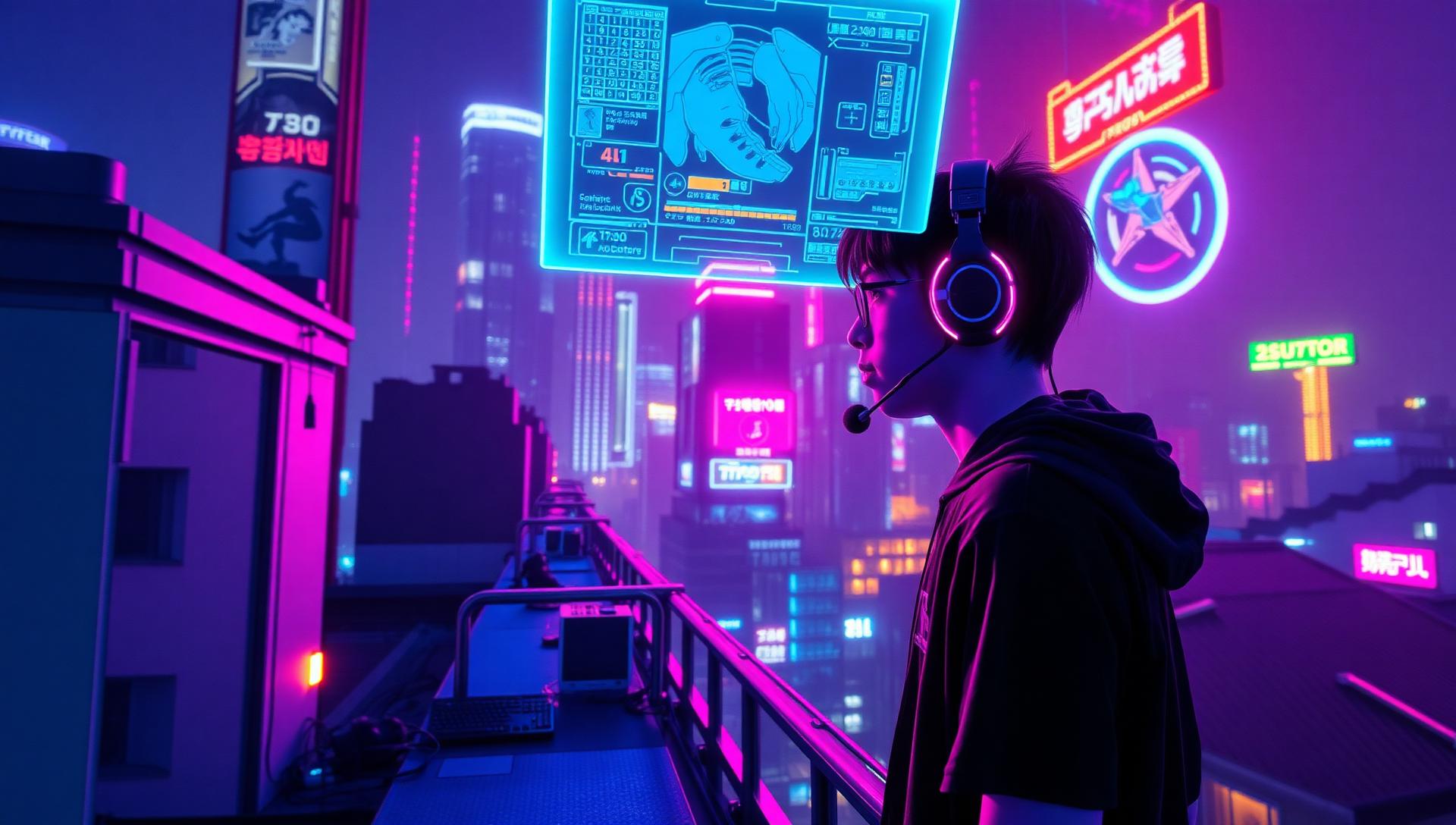 Young player wearing a glowing headset on a neon-lit Seoul rooftop with holographic interfaces
