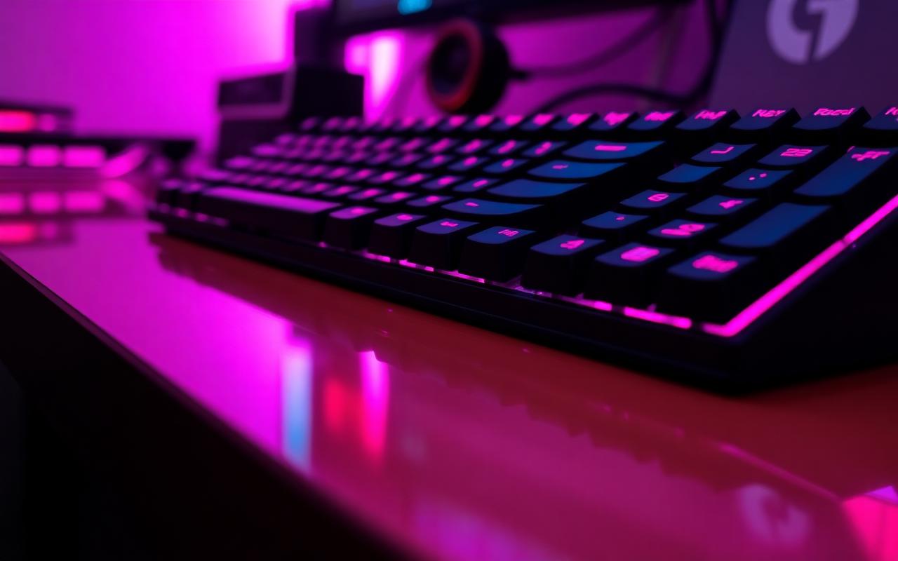 Mechanical gaming keyboard backlit in magenta on a glossy desk