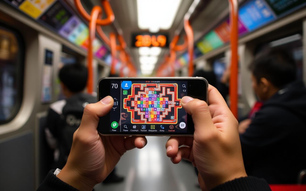 Hands holding a smartphone displaying a colorful puzzle game on a Seoul subway car