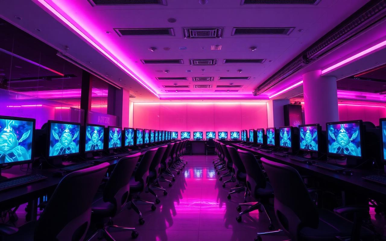 Interior of a Seoul PC bang lit with pink ceiling LEDs and rows of empty gaming stations