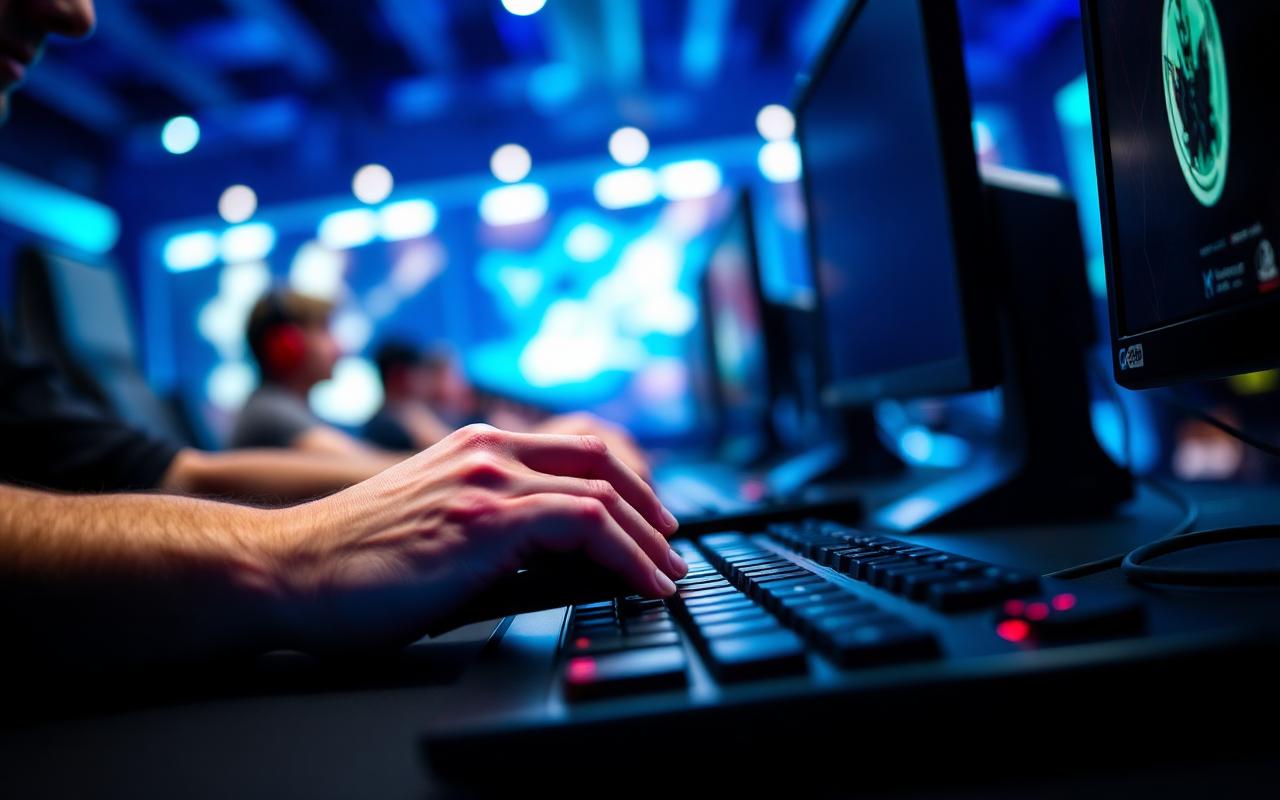 Close-up of a pro gamer's hands on keyboard and mouse during a tournament