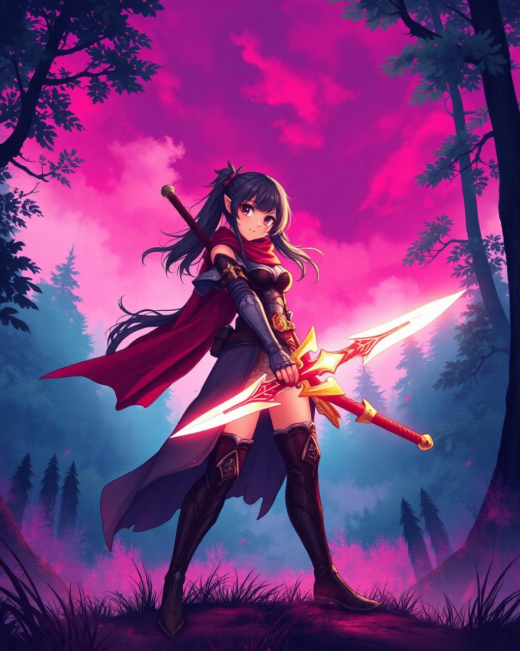 Anime-style fantasy RPG concept art of a warrior with a glowing sword in a misty forest
