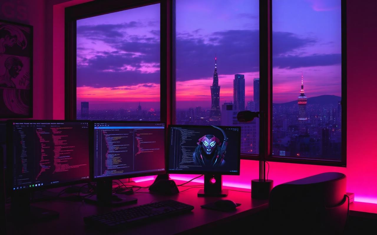 Game developer workstation with multiple monitors and a Seoul skyline view at dusk