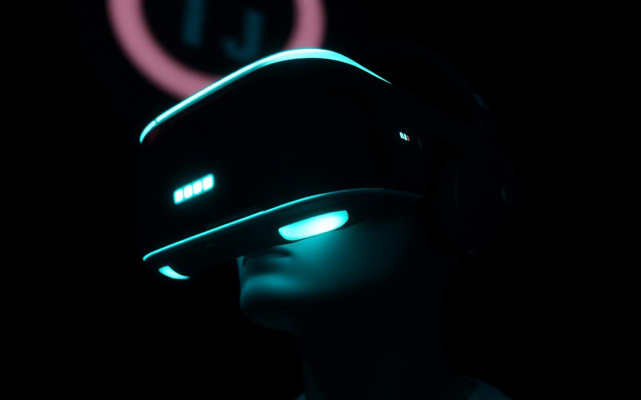 Glowing cyan virtual reality headset in a dark room